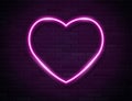 Neon Pink Glowing Heart Banner on Dark Empty Grunge Brick Background.