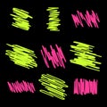 Neon pink and green highlight marker pen spots and lines isolated on a black background for your design.