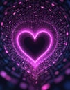 Neon pink heart glows bright at end of digital tunnel. Binary code data streams swirl around, creating cyber tech pattern. Royalty Free Stock Photo