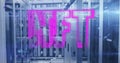 Neon-pink holographic NFT letters floating in server room, with racks, network cables, LEDs Royalty Free Stock Photo
