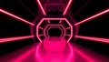 Neon pink illuminated tunnel with hexagonal frames and a reflective floor in a dark space Royalty Free Stock Photo