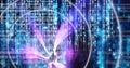 Neon pink light trails over computer code, program coding and technology concept Royalty Free Stock Photo
