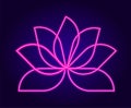NEON pink lotus. simple isolated flower pattern lilac bright lines glow in the dark lotus petals on dark blue, for yoga design