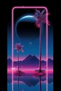 a neon pink phone with palm trees and a moon in the background