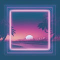 neon pink and purple frame with palm trees on the beach at sunset Royalty Free Stock Photo