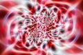 Neon pink-red background with patterns of glowing fractals.