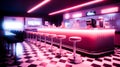 Neon pink retro diner interior with bar stools end checkerboard floor Royalty Free Stock Photo