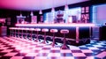 Neon pink retro diner interior with bar stools end checkerboard floor Royalty Free Stock Photo