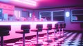 Neon pink retro diner interior with bar stools end checkerboard floor Royalty Free Stock Photo