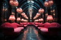 Neon Pink Velvet Sofas and Shimmering Crystal Chandeliers in a 1970s Discotheque. Generative Ai