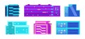 Neon pixel buildings set. Pixelated city landscape neon futuristic skyscrapers for video game