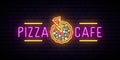 Neon pizza cafe emblem. Logo for pizza restaurant.