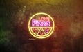 Neon pizza love sign dark stone wall, glow font mockup