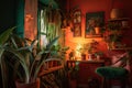 neon plant in warm, cozy room with vintage decor