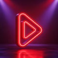 Neon play button glowing with vibrant red light against a dark atmospheric background Royalty Free Stock Photo