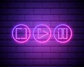 Neon player button signs vector isolated on brick wall. Play, stop, pause button light symbol, decoration effect. Neon music