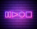 Neon player button signs vector isolated on brick wall. Play, stop, pause button light symbol, decoration effect. Neon music