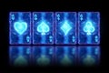 Neon playing cards for poker, four aces on a dark background. Design template. Casino concept, gambling, header for the site. Copy