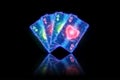 Neon playing cards for poker, four aces on a dark background. Design template. Casino concept, gambling, header for the site. Copy