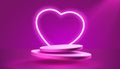 Neon podium heart frame, banner decoration. Vector illustration