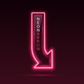 Neon pointer arrow with vertical text. Direction indicator.