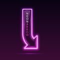 Neon pointer arrow with vertical text. Direction indicator.