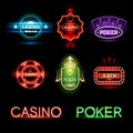 Neon poker and casino emblems Royalty Free Stock Photo