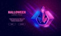 Neon polygonal pumpkin lantern with fluorescent blur lights. Halloween banner template with low poly skull.