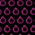 Neon pomegranate seamless pattern with pink garnet fruits icons on black background. Summer, tropical, fresh juice