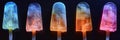 Neon Popsicle, Glowing Lolly Ice Cream, Frozen Lollipop, Fluorescent Fruit Ice with Copy Space