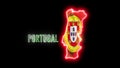Neon Portugal map with neon shiny glowing text PORTUGAL. and Portugese flag