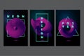 Neon posters sets with 3d objects. Futuristic minimal backrounds. Abstract modern design. Vector template.