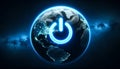 A neon power symbol floating above the Earth at night, symbolizing global energy consumption and awareness. Earth Hour, Ecology