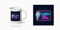 Neon print of comedy show sign with retro microphone on cup mockup. Design on mug of a nightclub with comedy battle