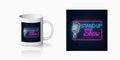 Neon print of stand up show sign with retro microphone on cup mockup. Branding identity design on mug