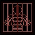 Neon prisoner behind bars holds rods with his hands Angry man watch through lattice in jail Incarceration concept red color