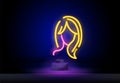 neon profile picture faceless avatar. Womens hairstyle neon sign, modern glowing banner design, colorful modern design