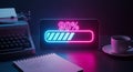 Neon progress bar at 90 percent on modern workspace with typewriter and coffee Royalty Free Stock Photo