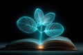 a neon projection of a plant above an open book in the dark. The tree of knowledge. the concept of gaining knowledge from a book. Royalty Free Stock Photo