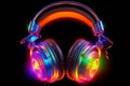 Neon psychedelic 1980\'s wired headphones.