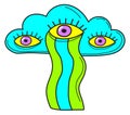 Neon psychedelic sticker. Esoteric cloud with eyes and rainbow