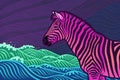 Neon psychedelic zebra waves on textured background. 1960s style generated by ai