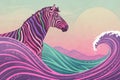Neon psychedelic zebra waves on textured background. 1960s style generated by ai