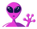Neon purple alien showing peace sign closeup. illustration. Martian face with large eyes. Extraterrestrial invasion