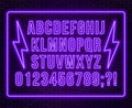 Neon purple font. Bright capital letters with numbers on a dark background. Royalty Free Stock Photo