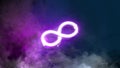 Neon purple infinity sign glowing on marble wall, looped switch