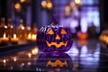 Neon purple jack o lantern. Pumpkin for Halloween. Generative AI