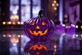 Neon purple jack o lantern. Pumpkin for Halloween. Generative AI
