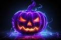 Neon purple jack o lantern. Pumpkin for Halloween. Generative AI