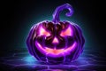 Neon purple jack o lantern. Pumpkin for Halloween. Generative AI